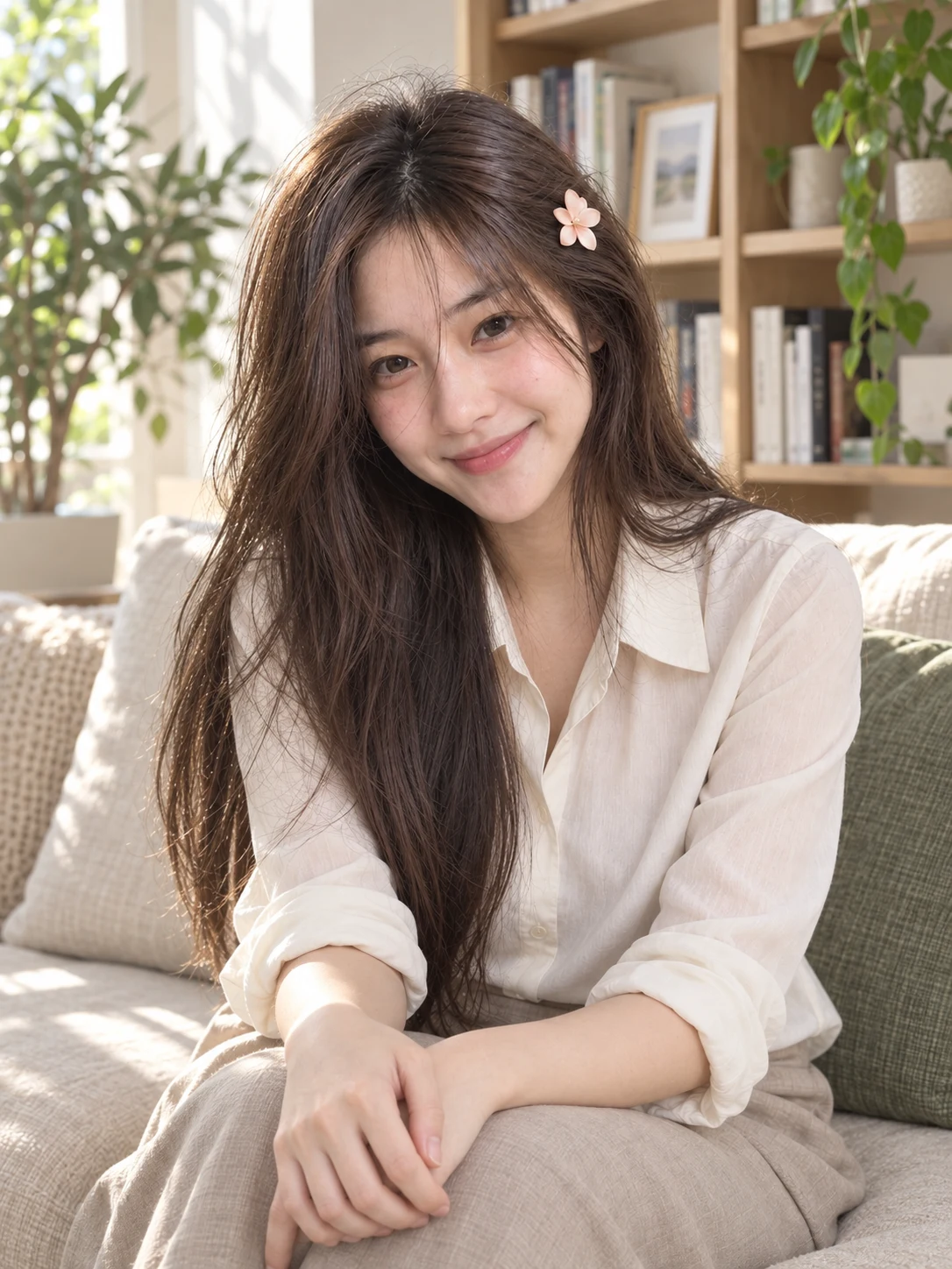 น้องจุ๋มจิ๋มนั่งฟังอย่างผ่อนคลายบนโซฟา