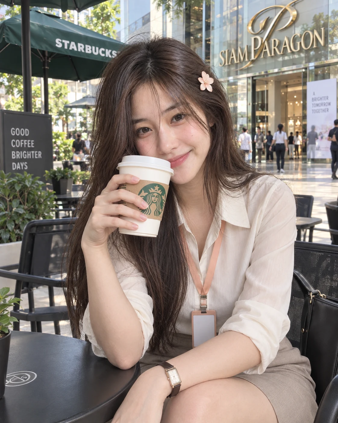 ตัวละครผู้หญิงถือกาแฟในบรรยากาศคาเฟ่
