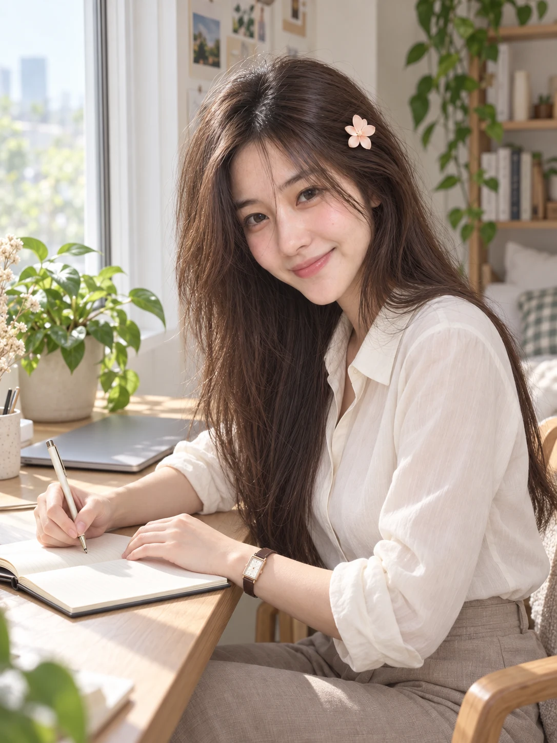 น้องจุ๋มจิ๋มนั่งเขียนแผนในสมุดที่โต๊ะทำงาน